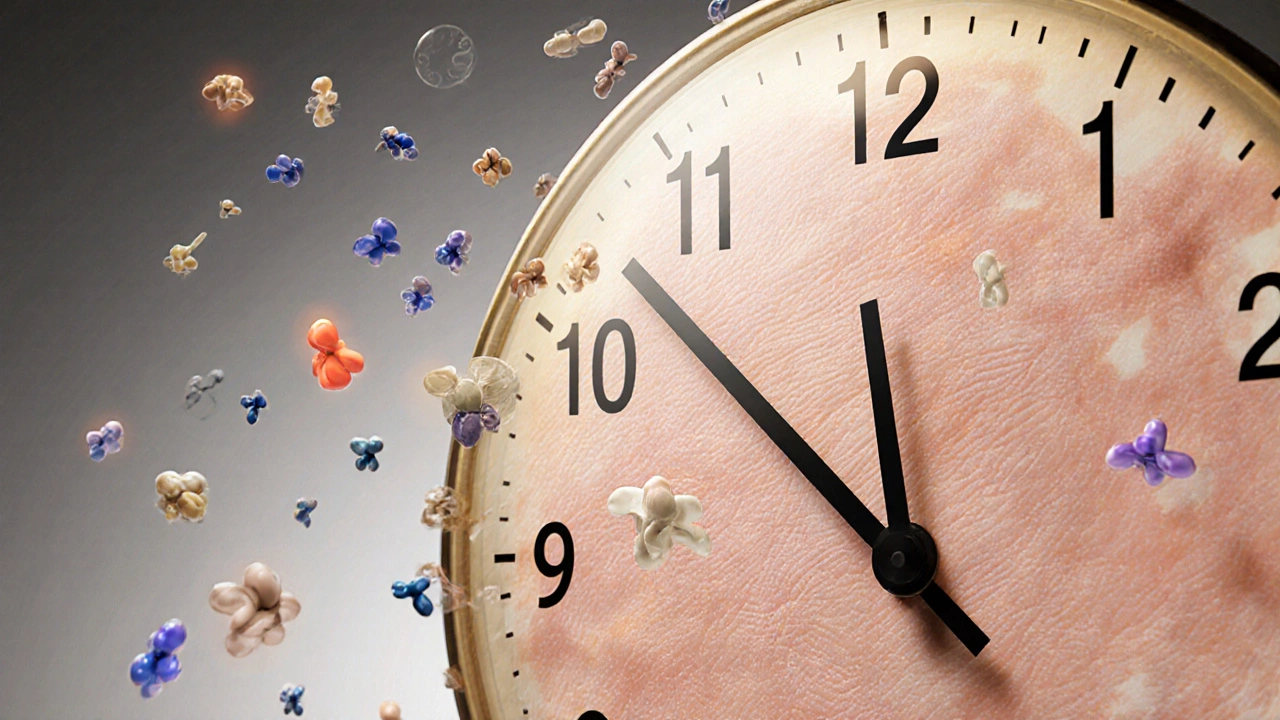 Часы с кожей в качестве циферблата, где молекулы борются с морщинами, переходя от молодости к зрелости.