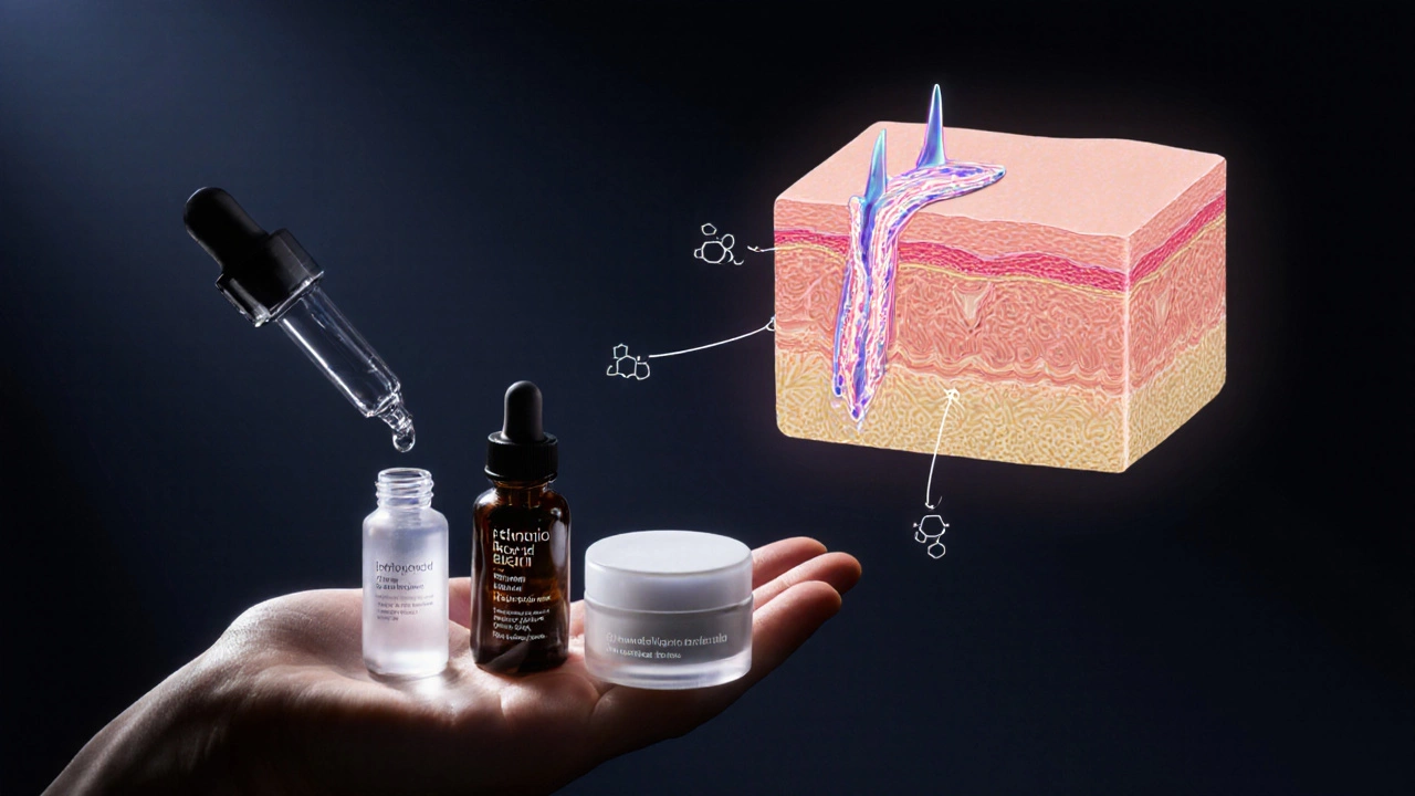 Ночной уход за кожей: сыворотка с ретинолом, гиалуроновая кислота и пептиды, соединённые световыми линиями с восстанавливающейся кожей.