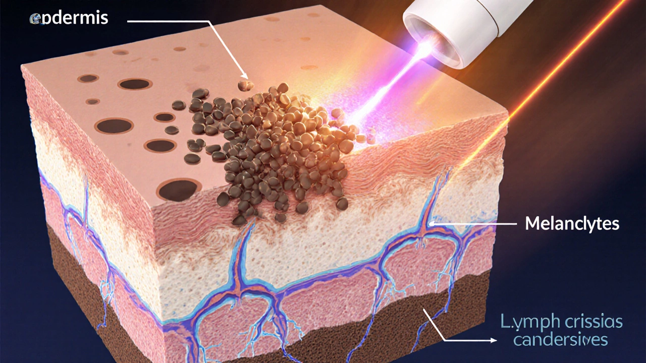 Схематическое изображение лазерного воздействия на меланин в коже с разрушением пигментных частиц и их выведением лимфой.