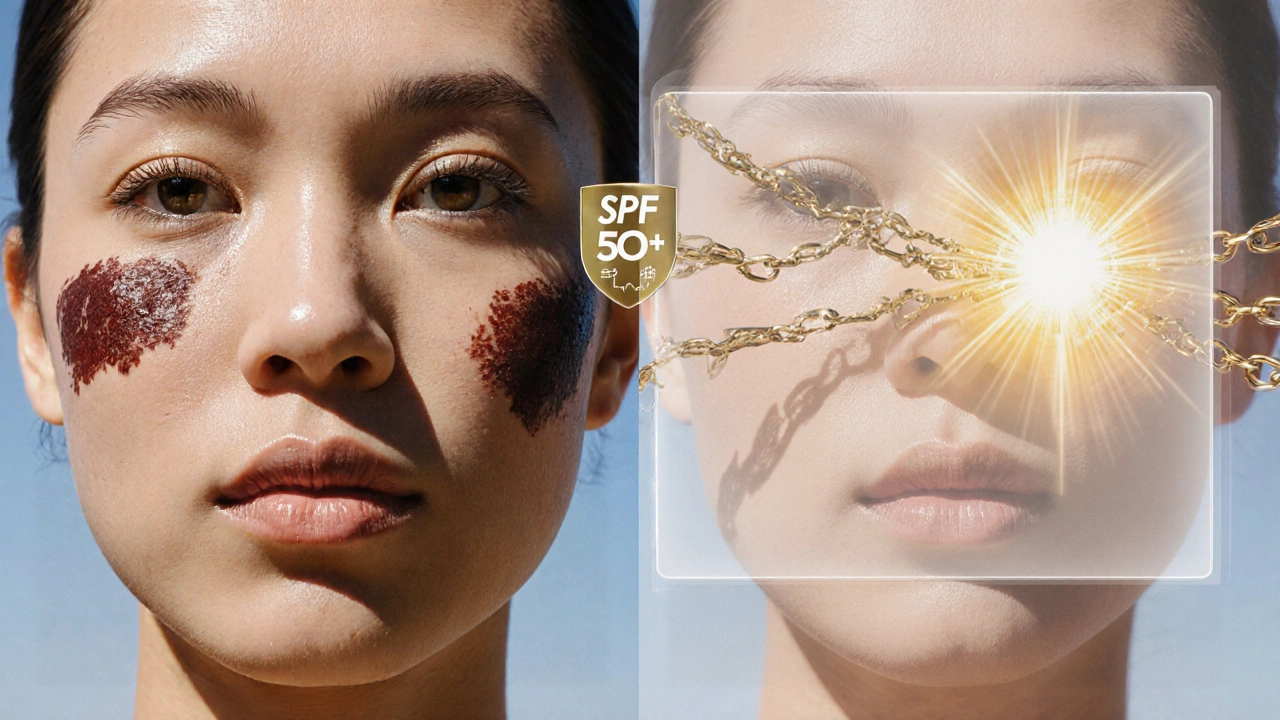 Сравнение до и после: темные пятна против светлой кожи под защитой SPF, солнечные лучи блокируются золотым щитом.