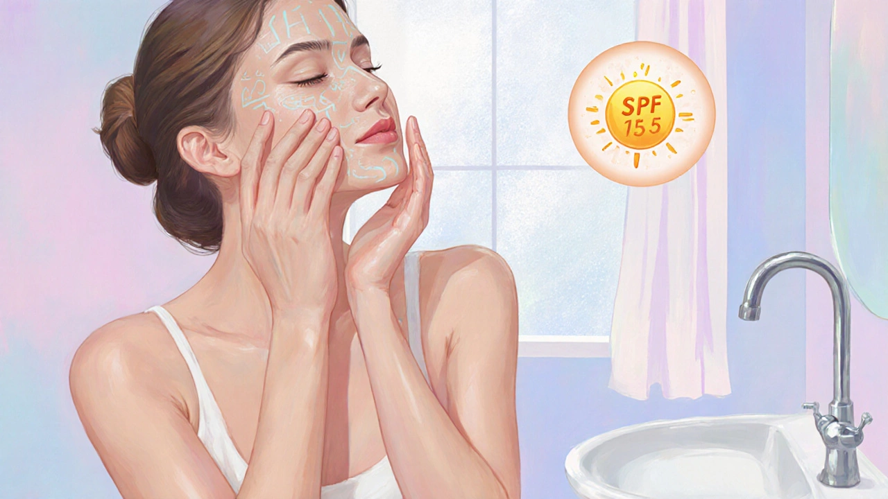 Женщина наносит крем вверх и наружу; видны слои кожи и иконка SPF.