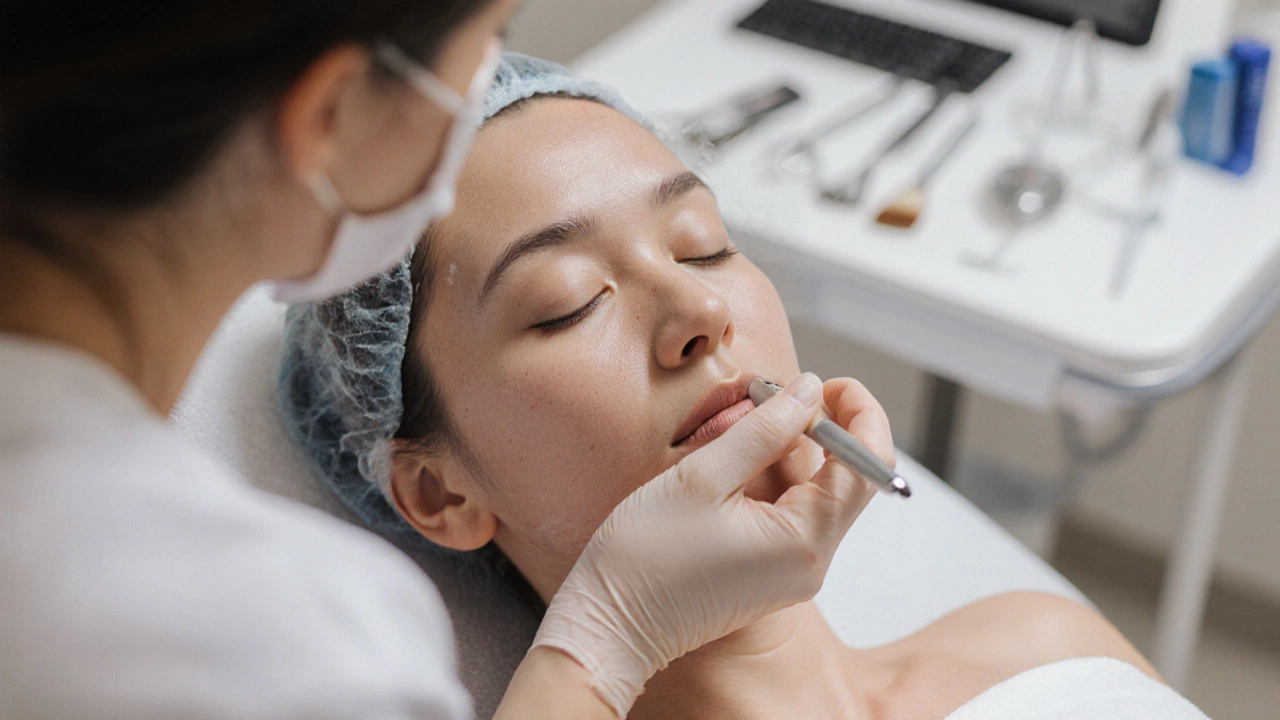 Дерматолог наносит химический пилинг на лицо пациента в клинике, аккуратное движение кистью.