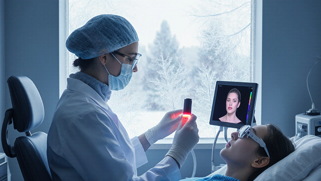 Дерматолог проводит лазерную процедуру удаления пигментации в зимний день в клинике.