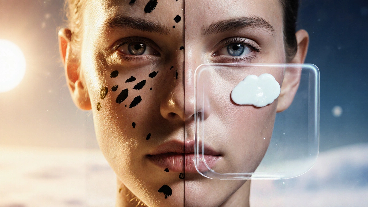 Контраст зимнего и летнего воздействия на кожу с пигментацией: слева — солнце, справа — защита.