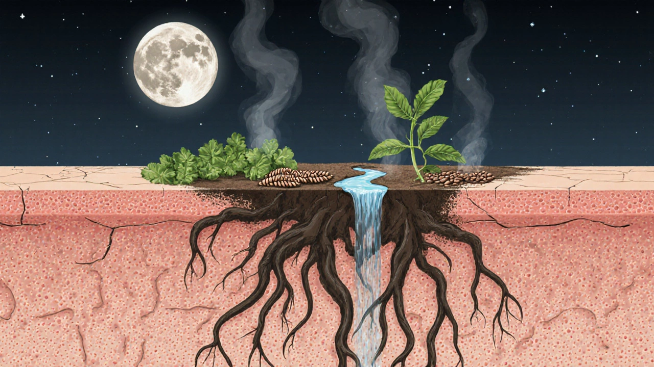 Кожа как ландшафт, очищаемый корнями овощей и водой под лунным светом.