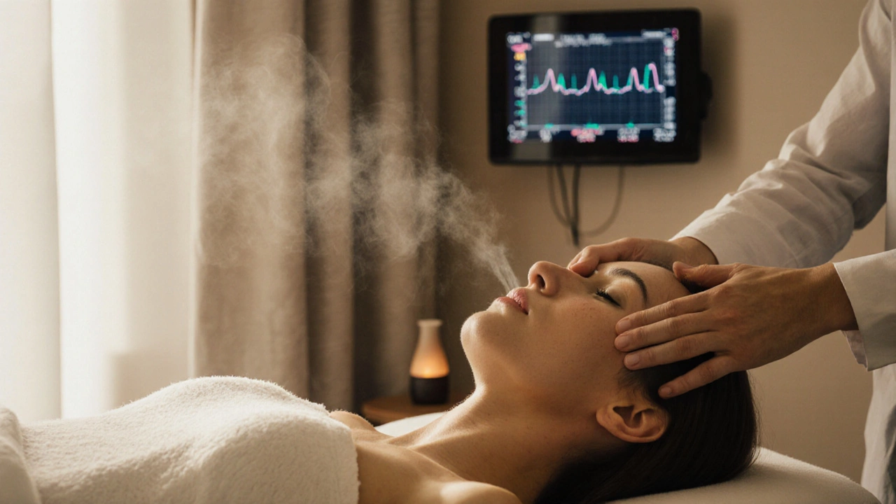 Массаж лица с лимфодренажем, на фоне монитора биоотклика и мягкого солнечного света.