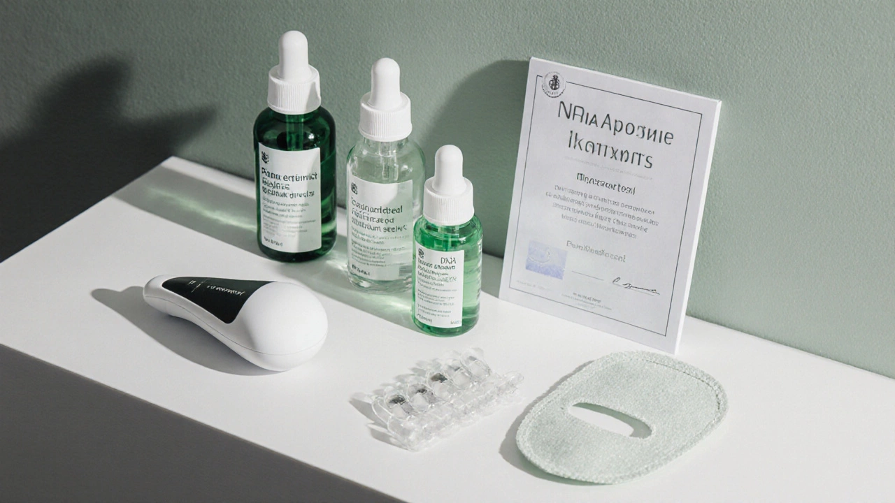 Минималистичная стойка с ферментированными сыворотками, микродозированными активами и устройством для микротоков.