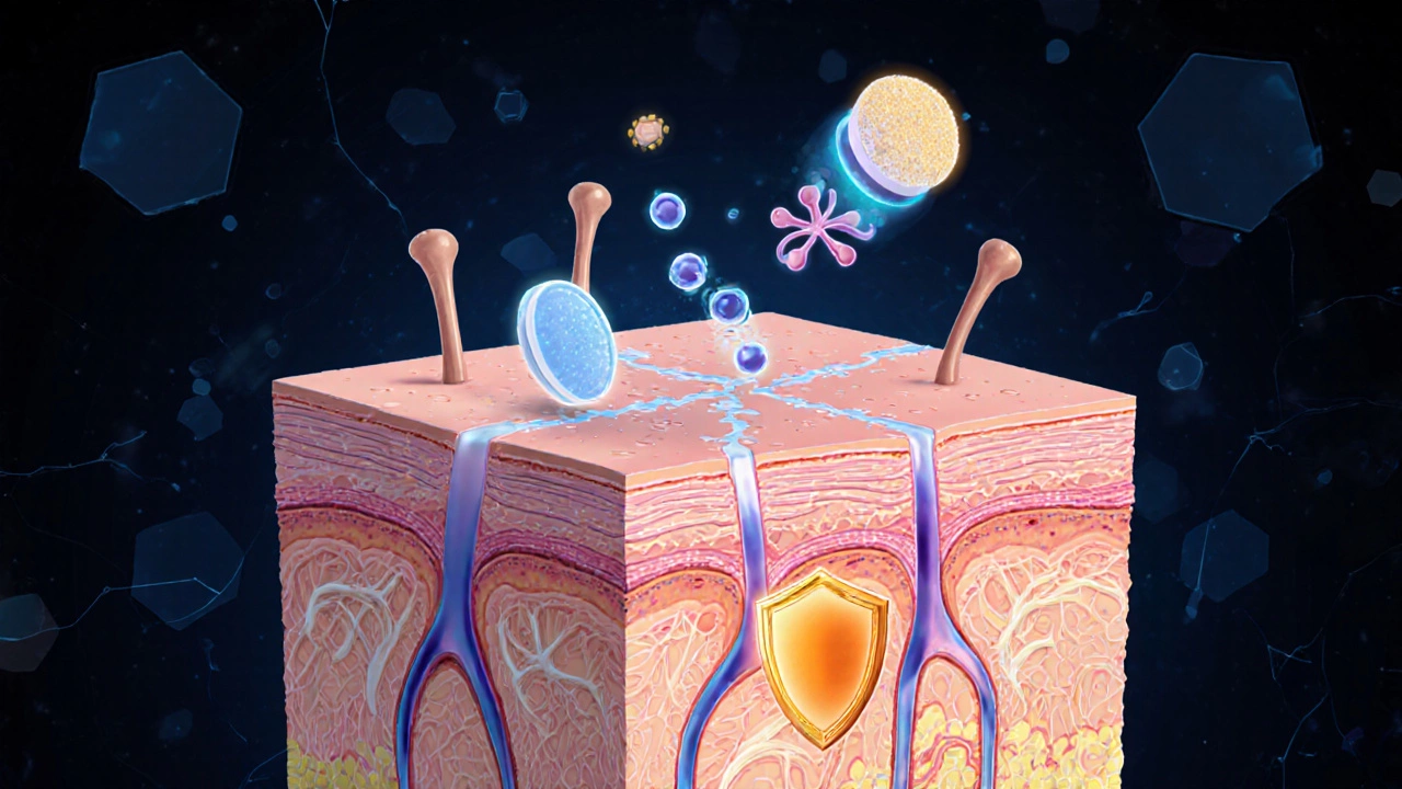 Разрез кожи, где пептиды и ретинол стимулируют коллаген, а витамин С защищает от свободных радикалов.