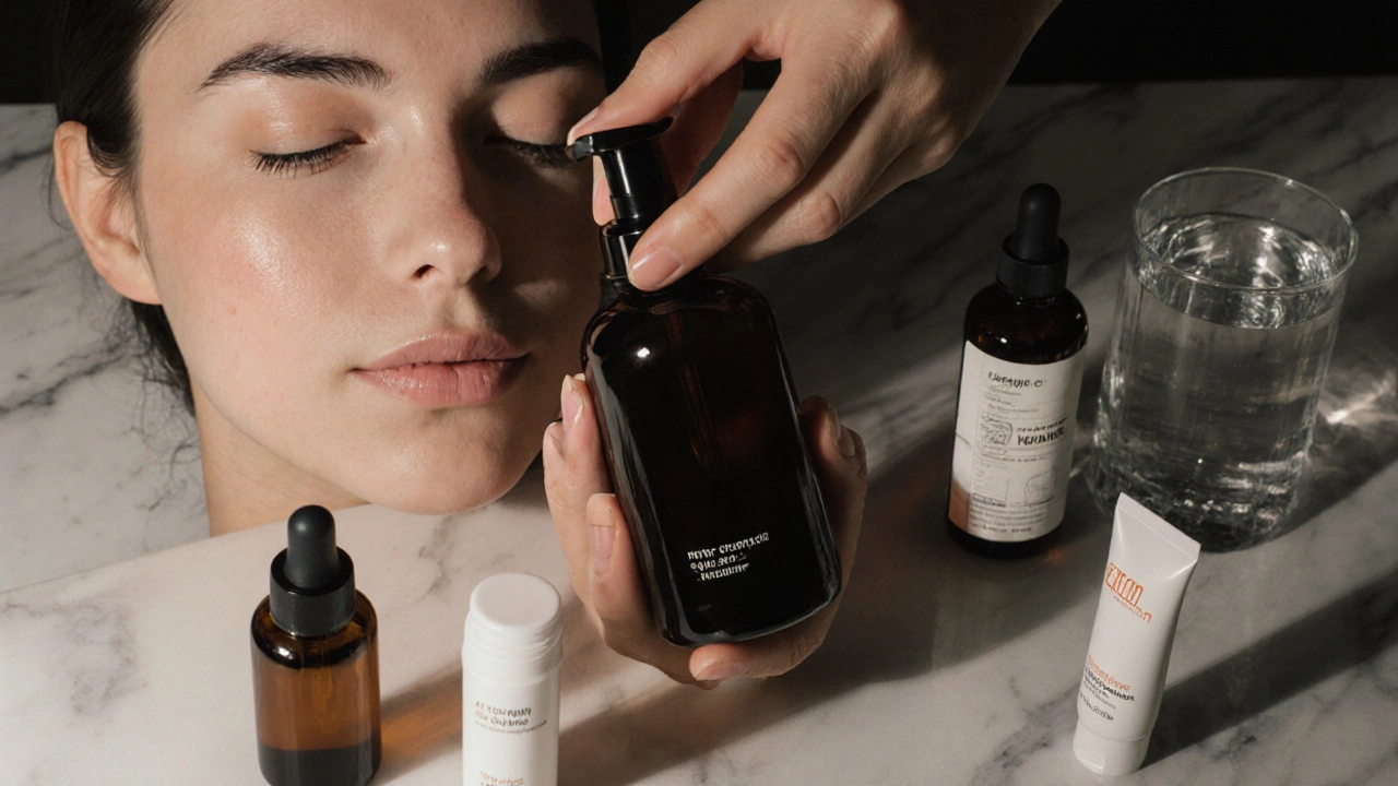 Рука наносит сыворотку в темной упаковке, рядом — флаконы с активными ингредиентами и крем от солнца.