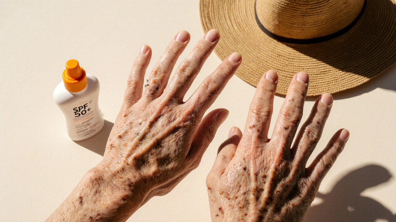 Руки с возрастной пигментацией на тыльной стороне, рядом с солнцезащитным кремом и шляпой.