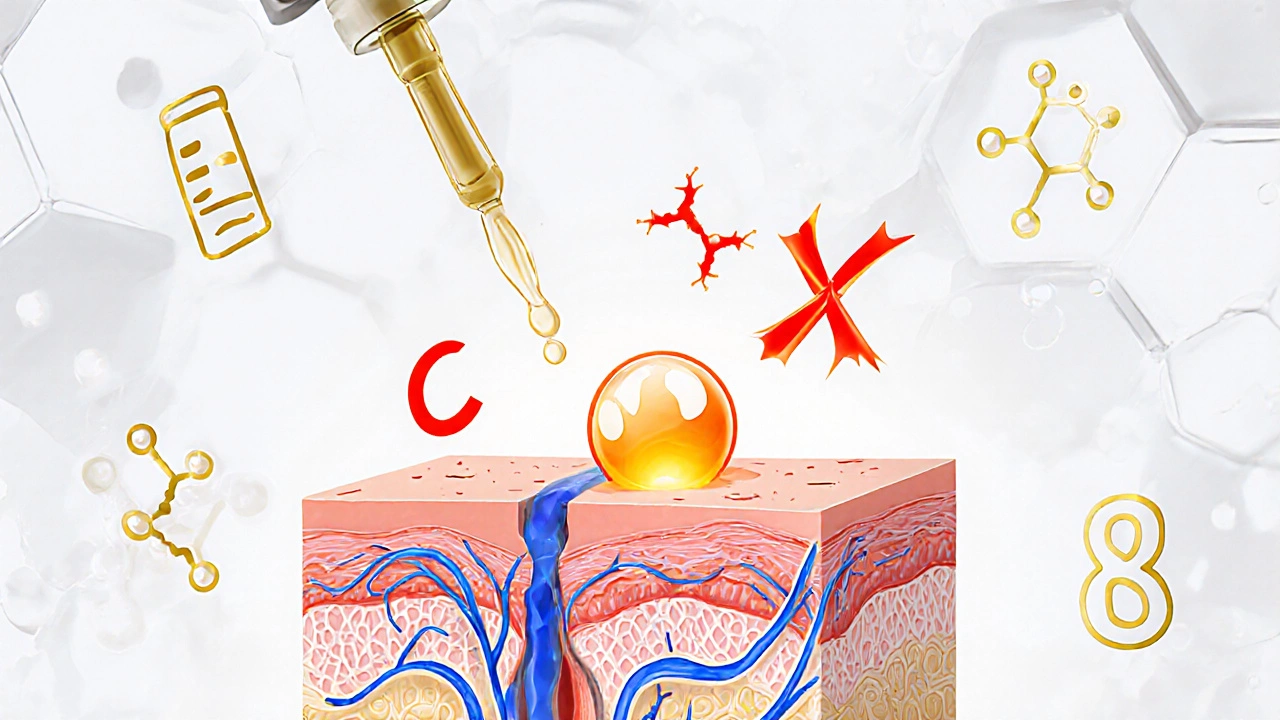 Схема кожи с восстановлением коллагена под действием молекул витамина С.