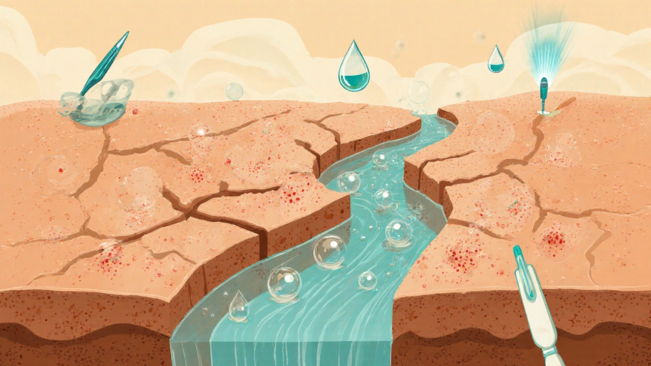 Схематичное изображение кожи как ландшафта, где под поверхностью поднимаются прыщи.