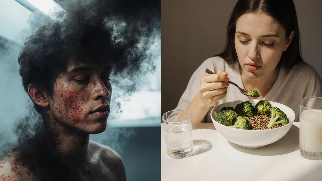 Сравнение лица с прыщами и чистой кожей, показывающее влияние питания.