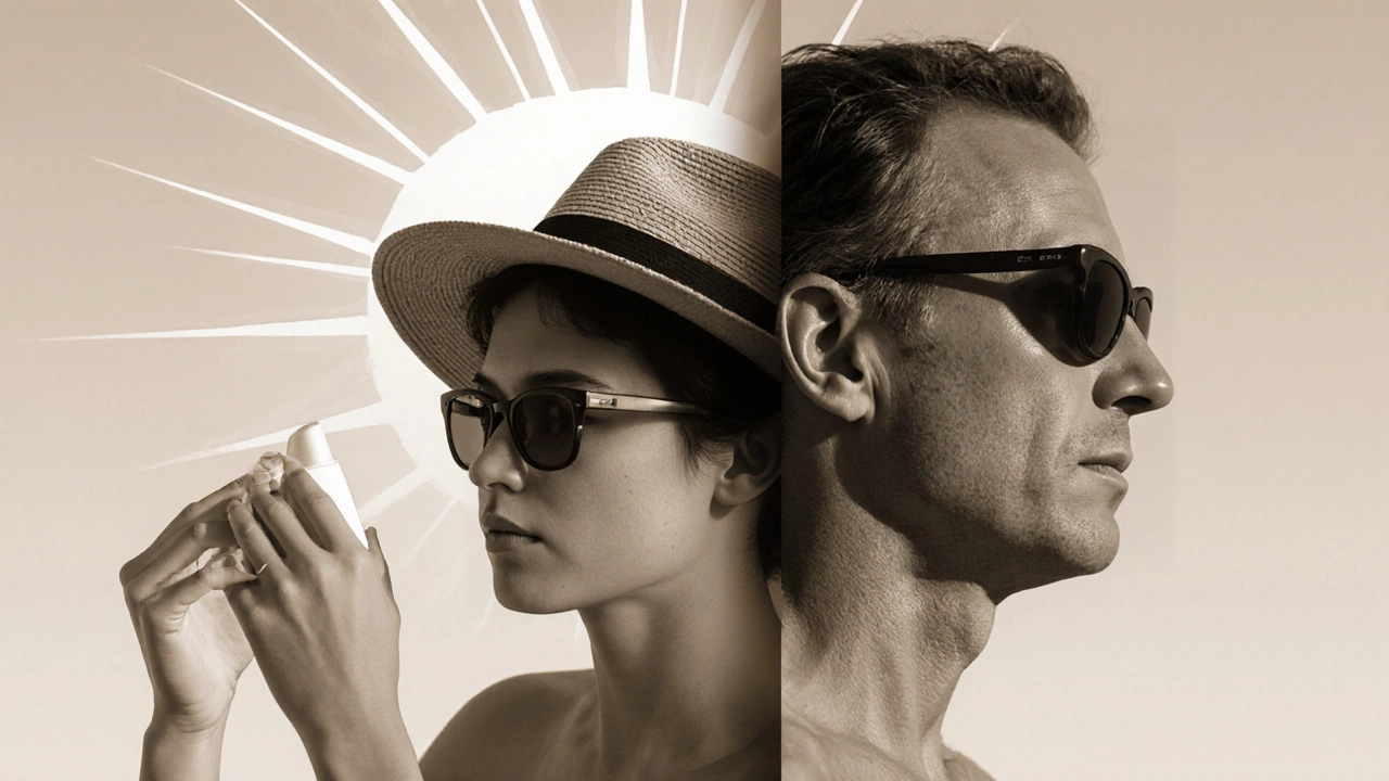 Сравнение профилактики и последствий: молодой человек с солнцезащитой и пожилой с пятнами.