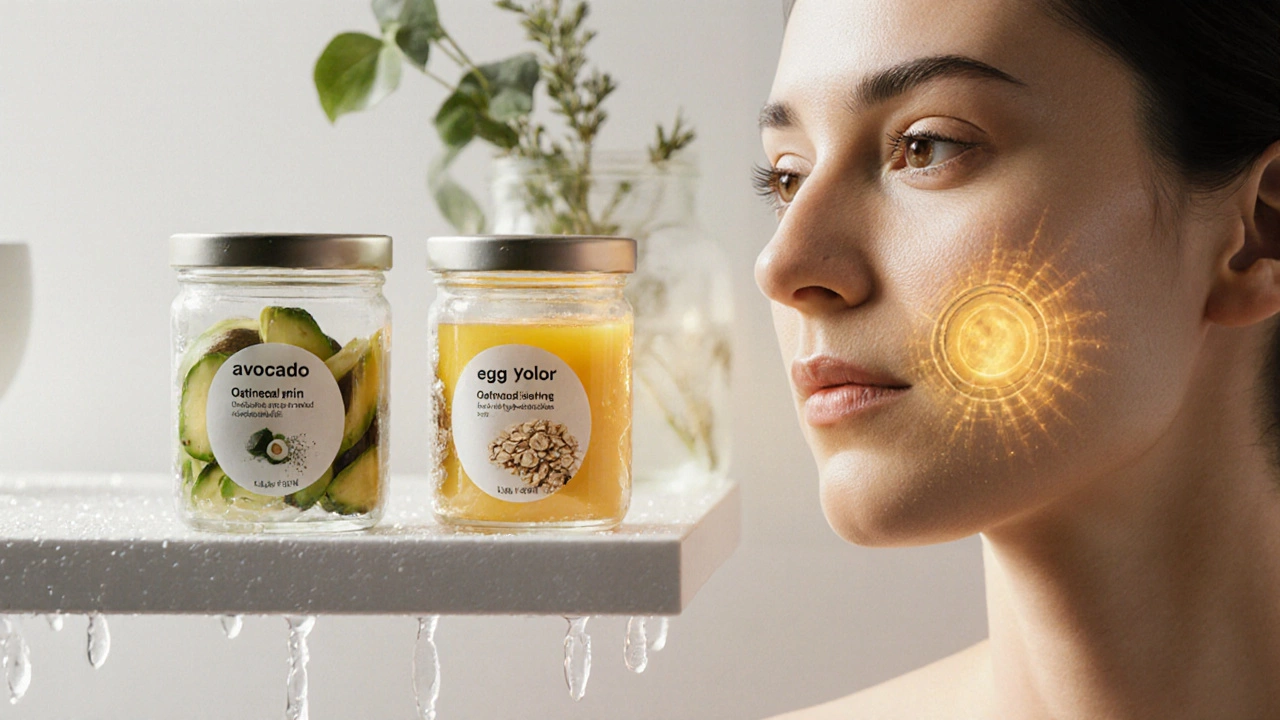 Три баночки с натуральными ингредиентами, из которых исходит свет, уменьшающий морщины на коже.