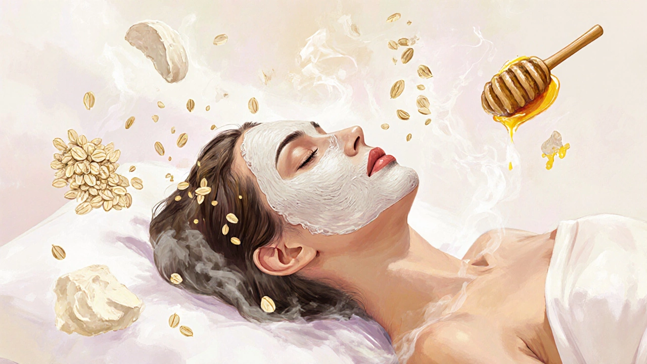 Женщина с маской из творога и овсянки, вокруг неё — светящиеся частицы увлажнения и коллагена.