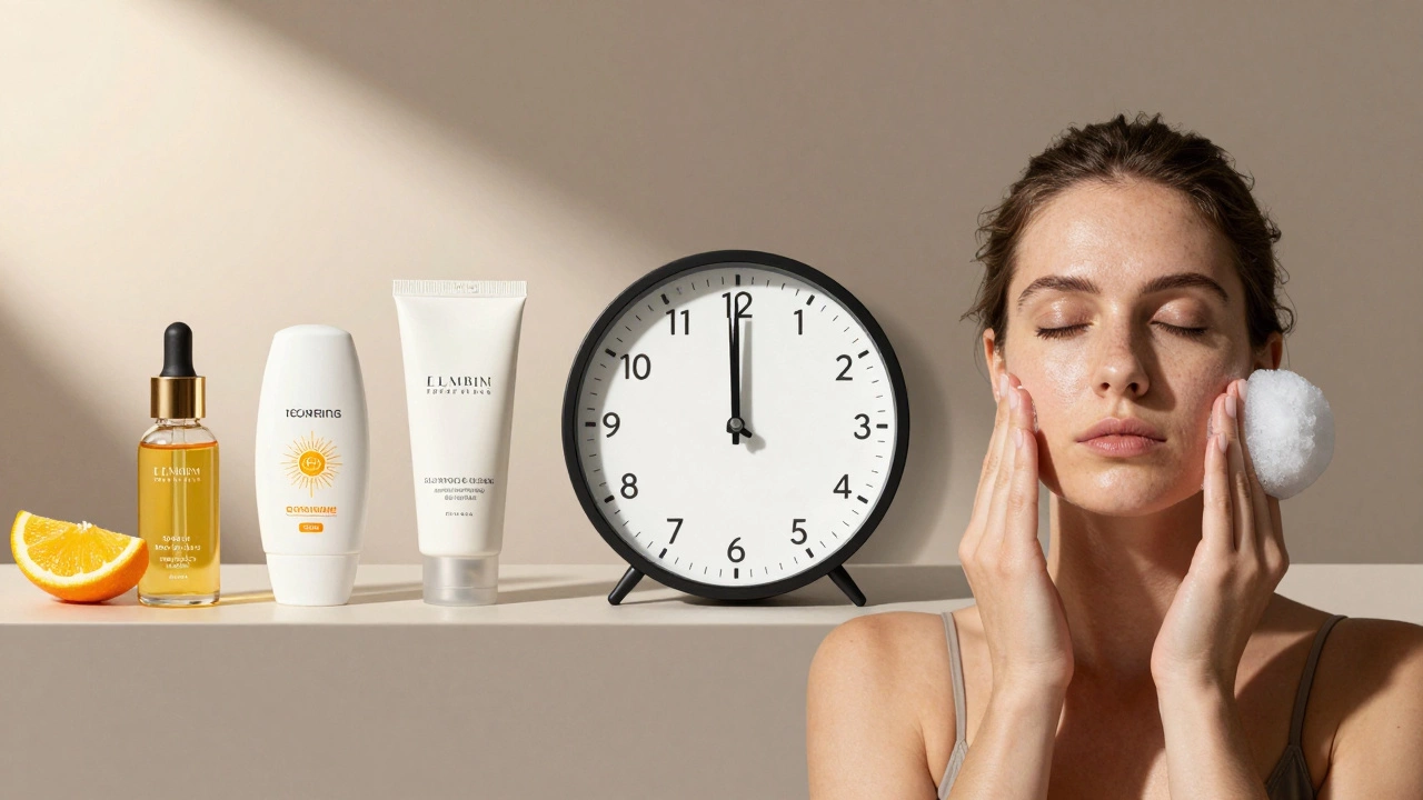 Двухчастная сцена: утренний и вечерний уход за кожей с постепенным улучшением текстуры.