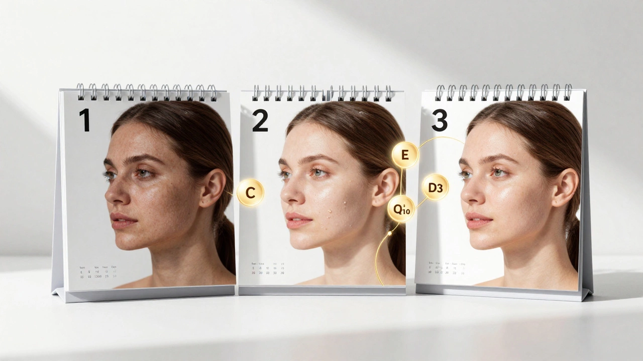 Календарь, показывающий постепенное омоложение лица за три месяца при приёме витаминов.