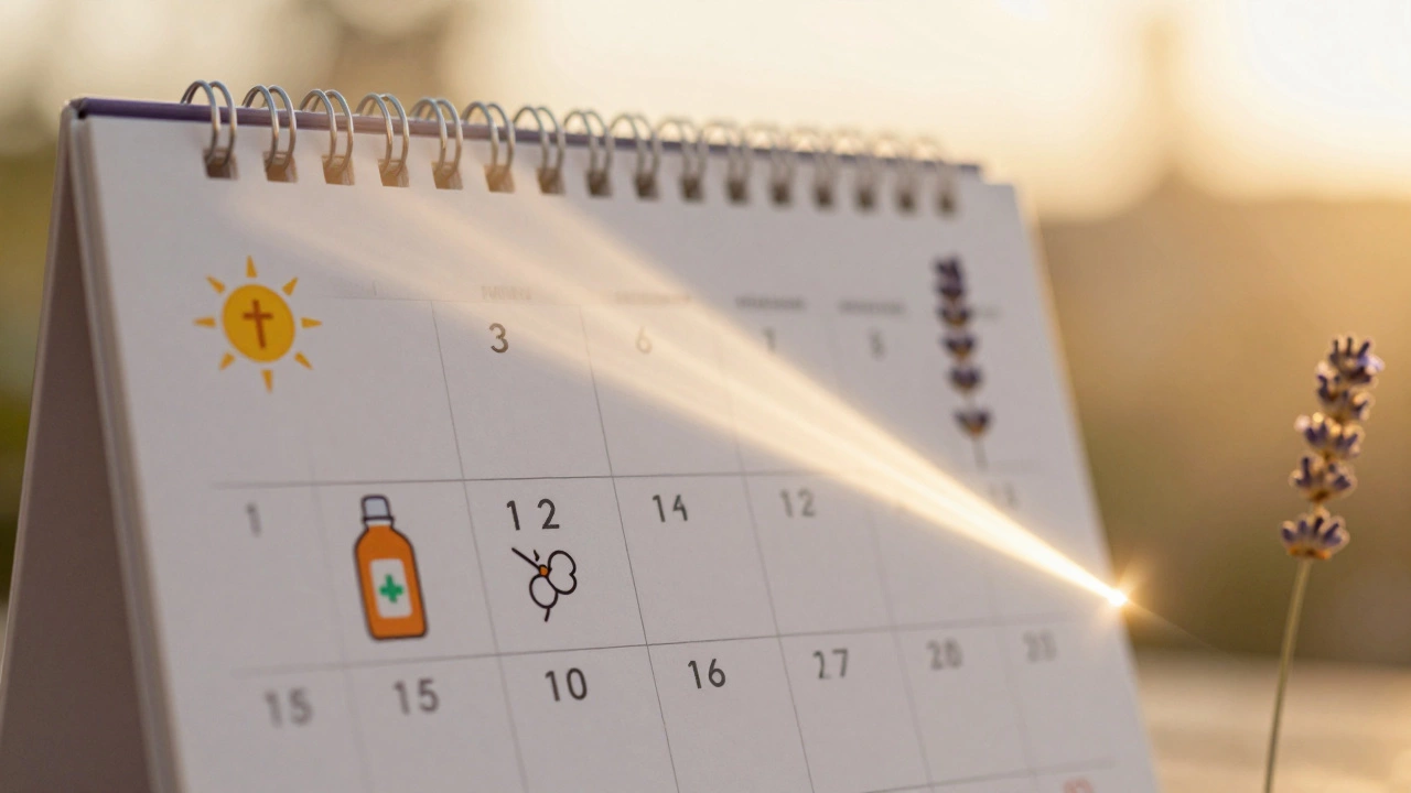 Календарь с датами процедур и символами солнца, гормонов, солнцезащитного крема и лаванды.