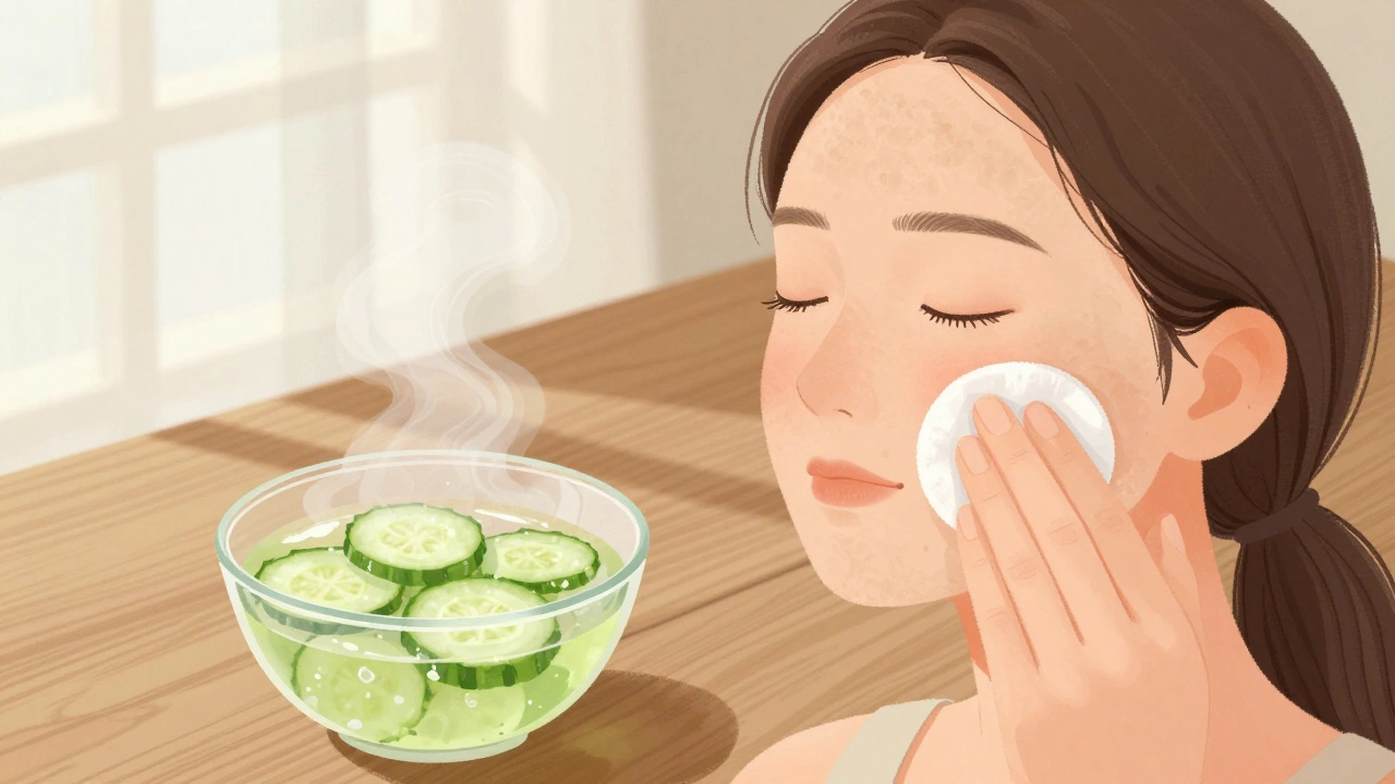 Кусочек огурца на ватном диске приложен к лицу, рядом — миска с овсянкой, естественный свет.