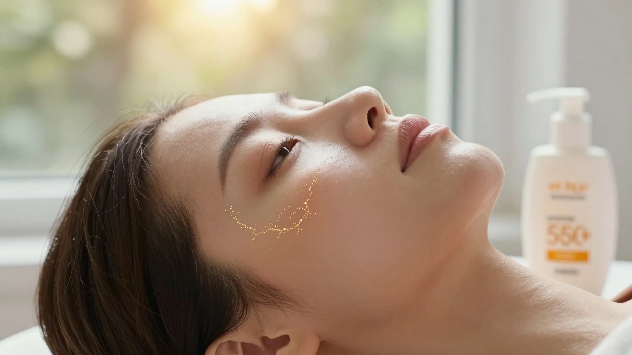 Лицо после фракционного лазера с тонкими золотыми линиями микроповреждений, рядом бутылочка с SPF-кремом, мягкий свет окна.