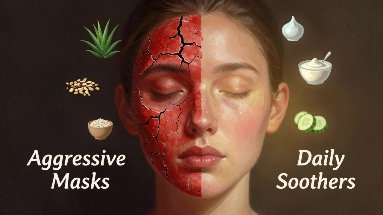 Лицо разделено: одна сторона повреждена, другая — здоровая, вокруг — символы безопасных масок.