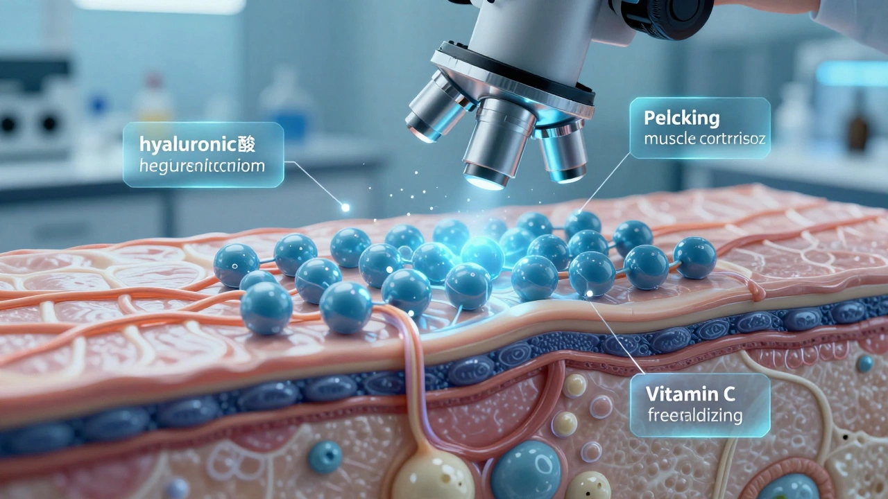Микроскопический вид кожи: коллаген, гиалуроновая кислота и пептиды восстанавливают клетки.