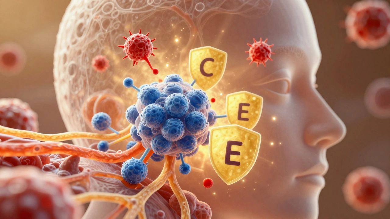 Микроскопическое изображение клеток кожи, где витамины С и Е восстанавливают коллаген и защищают от свободных радикалов.