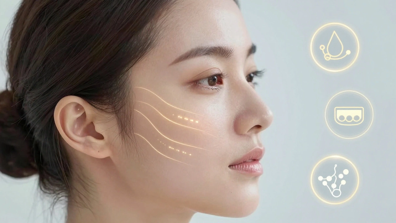 Профиль лица с мягкими электрическими импульсами, стимулирующими мышцы для лифтинга.