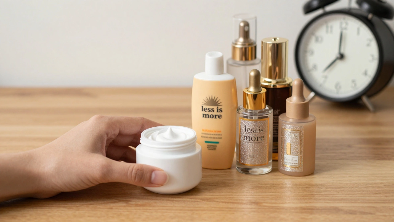 Простая банка увлажняющего крема и солнцезащитного крема рядом с дорогими, бесполезными бутылочками косметики.