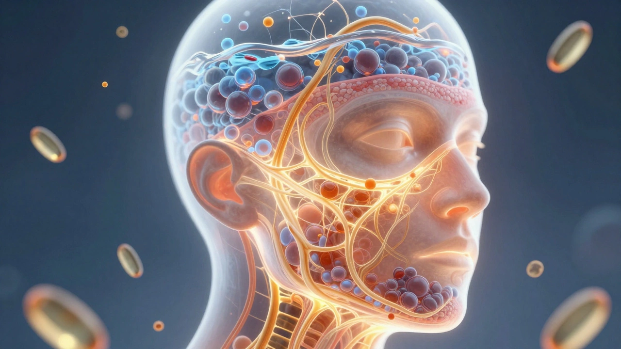 Прозрачный разрез лица, показывающий внутреннюю регенерацию кожи: молекулы гиалуроновой кислоты и коллагеновые волокна, излучающие тепло.