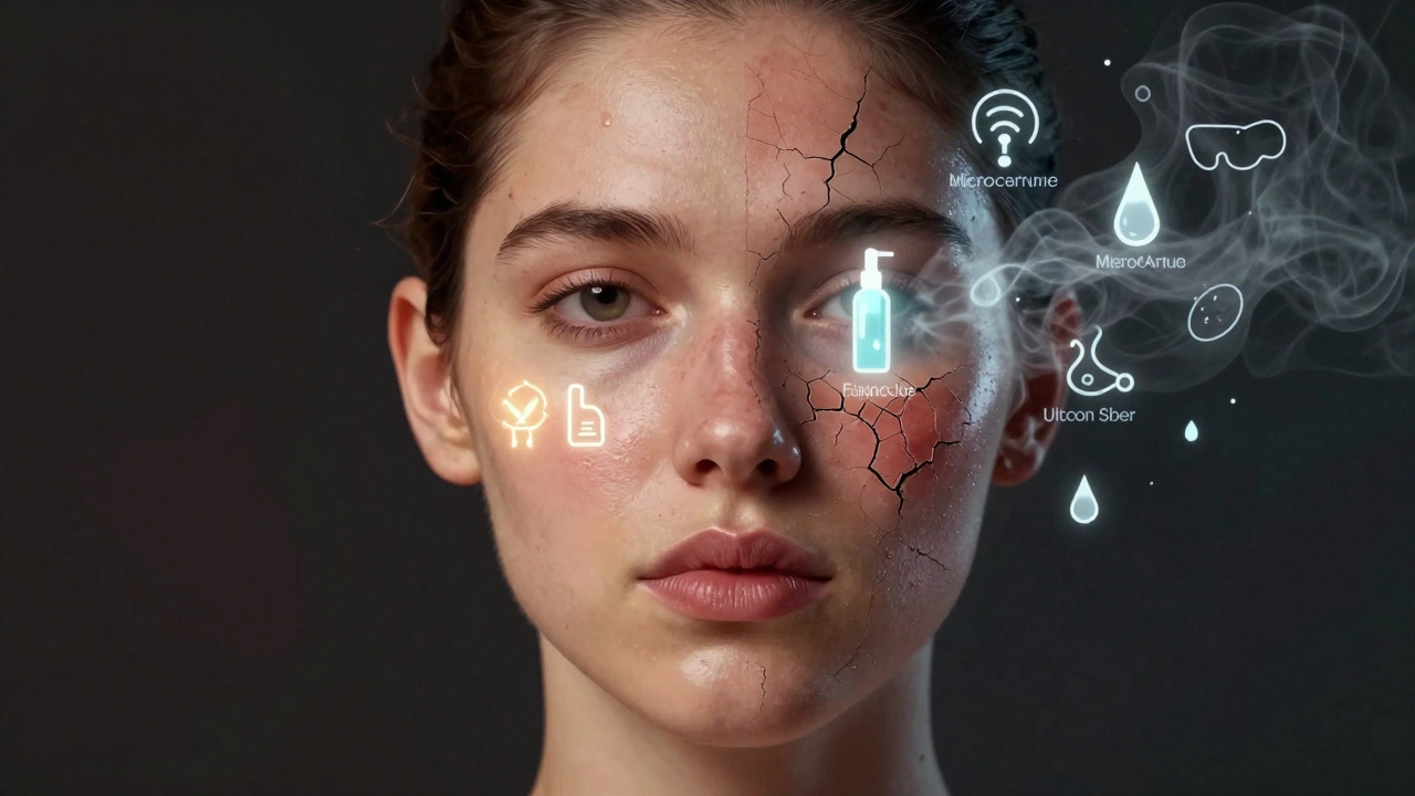 Разделенное лицо: одна половина здоровая с символами ухода, другая — поврежденная с маркетинговыми наклейками.