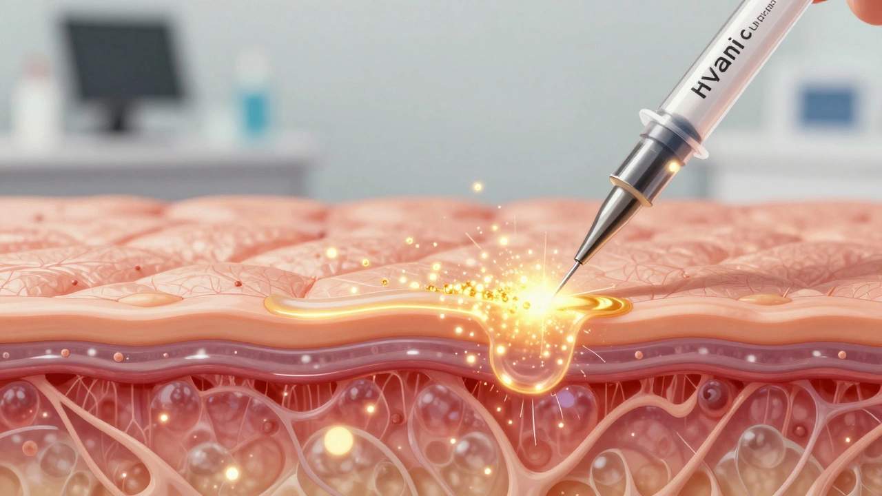 Разрез кожи с введением гиалуроновой кислоты и пептидов, золотистые частицы стимулируют регенерацию.