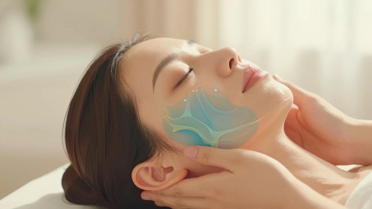 Руки проводят массаж от подбородка к ушам, изображая движение лимфы по коже лица.