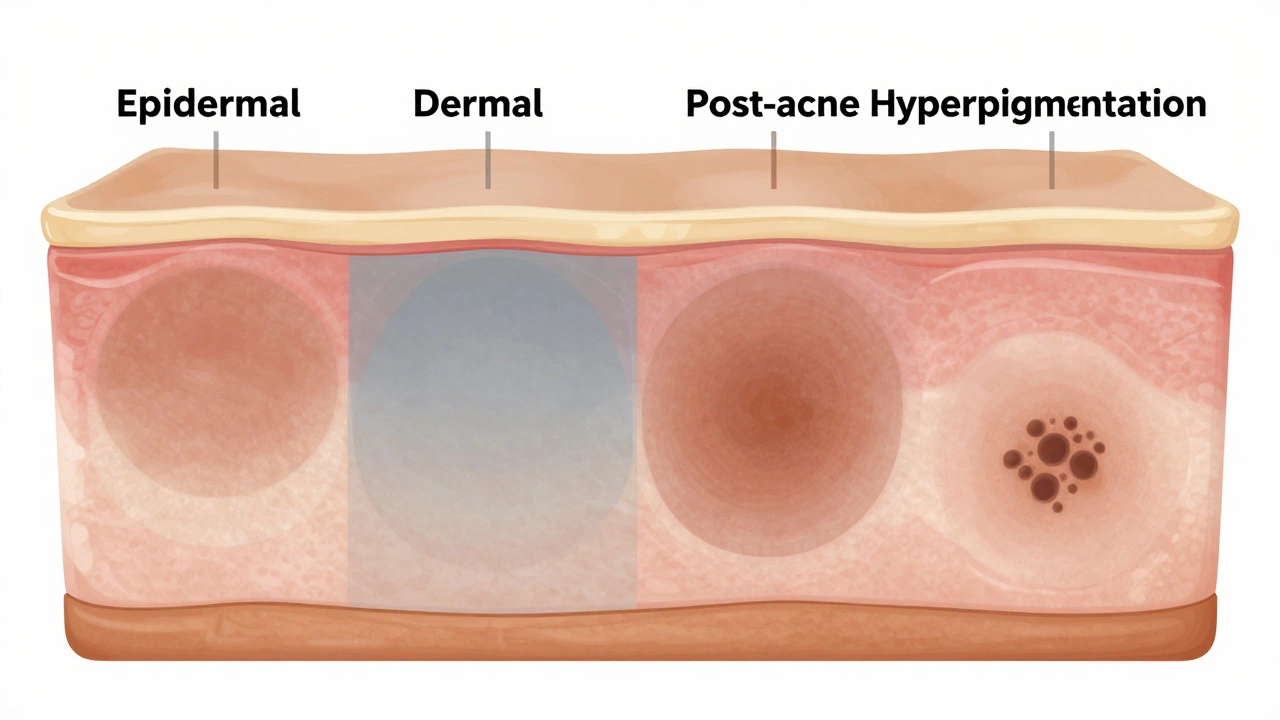 Схема кожи с четырьмя типами пигментации: эпидермальная, дермальная, мелазма и постакне.