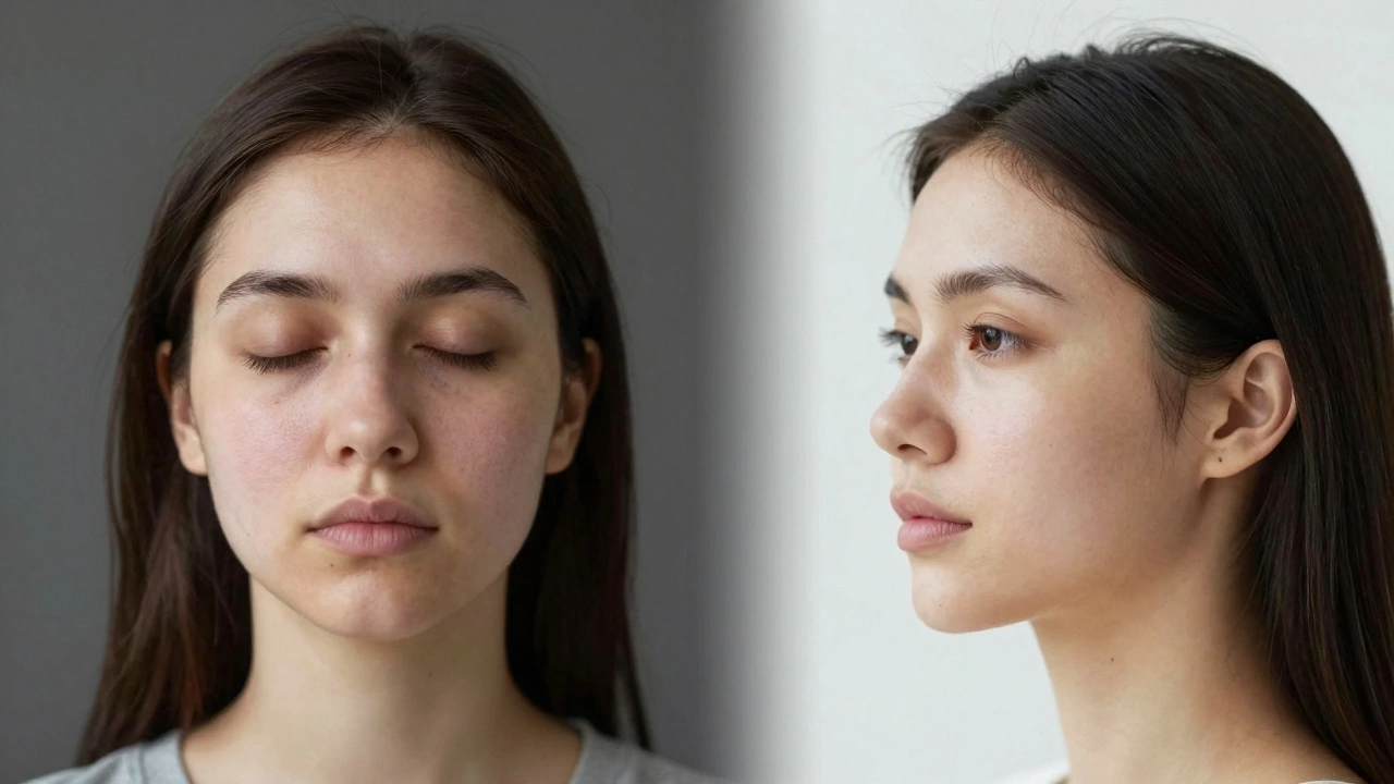 Сравнение лица до и после 8 недель ухода: с пухлостью и с четким овалом, без текста.