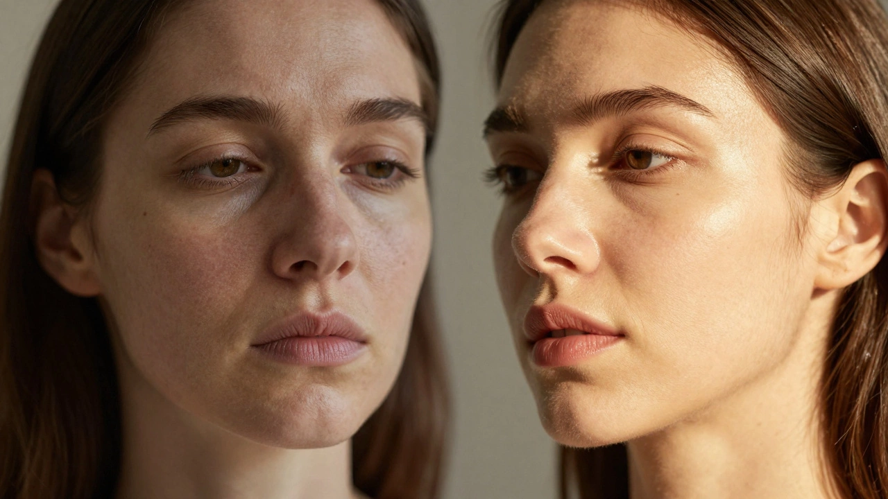 Сравнение тусклой и сияющей кожи: левая сторона уставшая, правая — подтянутая и здоровая.