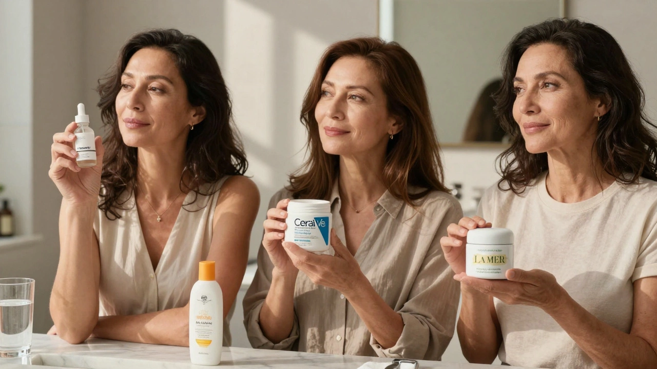 Три женщины с разными средствами для ухода за кожей, спокойные, естественные, в ванной с солнечным светом.