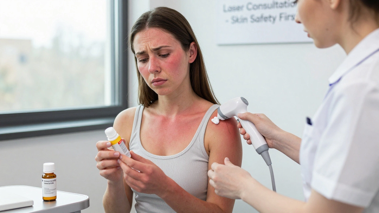 Женщина с ожогом от солнца и лекарством в руке проходит проверку кожи перед лазером.