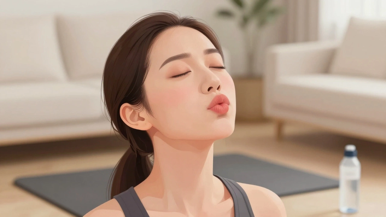 Женщина выполняет упражнение для мышц лица: губы в трубочку, голова запрокинута, выражение сосредоточенное.