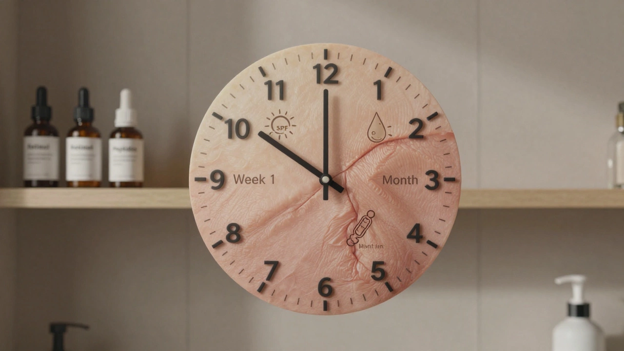 Часы из слоев кожи, показывающие постепенное разглаживание морщин через 3-6 месяцев ухода.