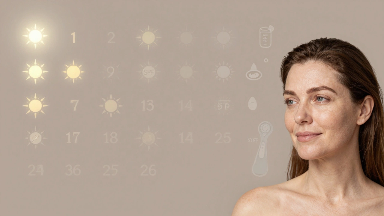 Календарь с постепенно угасающими солнцами, показывающий, как сохраняется эффект лазерного омоложения.