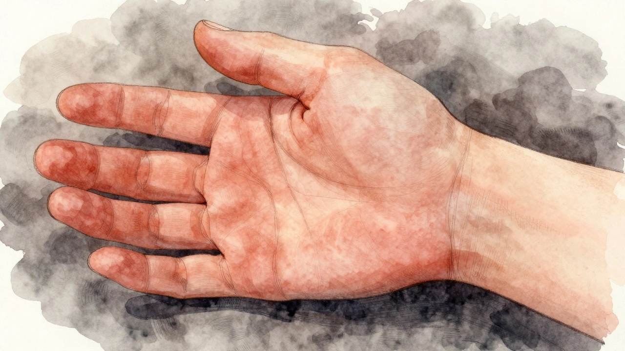 Красновато-коричневые пятна на ладонях у основания большого и указательного пальца, с мелкими сосудистыми звездочками на предплечье.