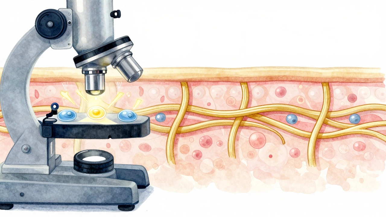 Микроскопическое изображение кожи: восстанавливающиеся коллагеновые волокна под действием ретинола и пептидов.