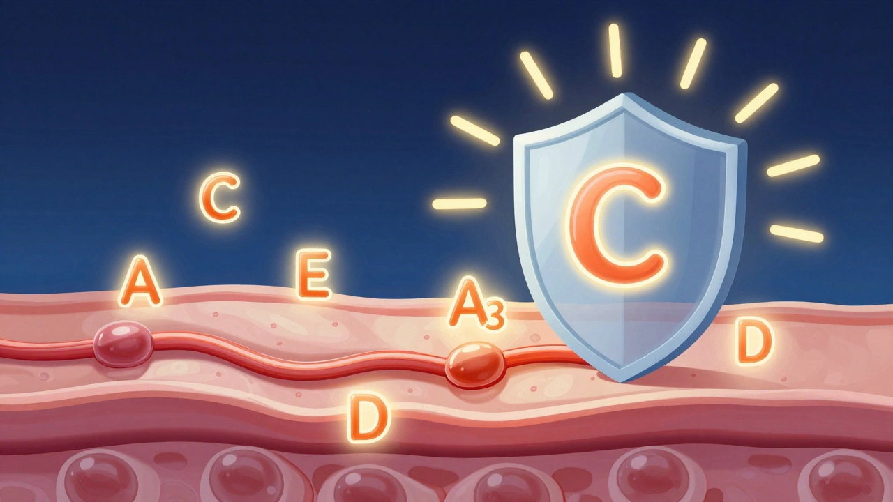 Молекулы витаминов восстанавливают коллаген в клетках кожи, блокируя вредное UV-излучение.