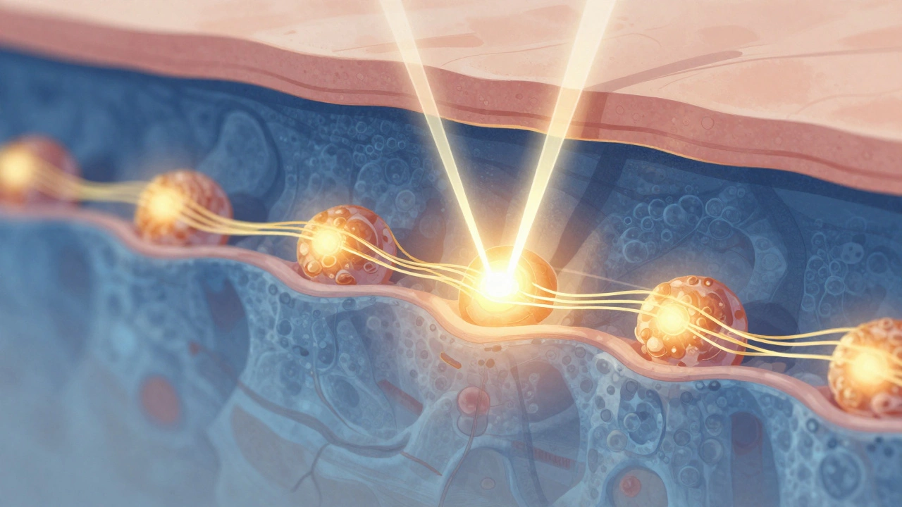Схематичное изображение кожи с лазерными лучами, стимулирующими выработку коллагена в дерме.