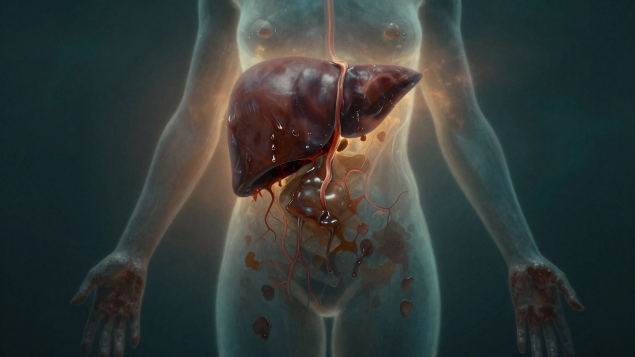 Схематичное изображение печени, из которой токсины проникают в кровь, окрашивая кожу на животе, ладонях и стопах.