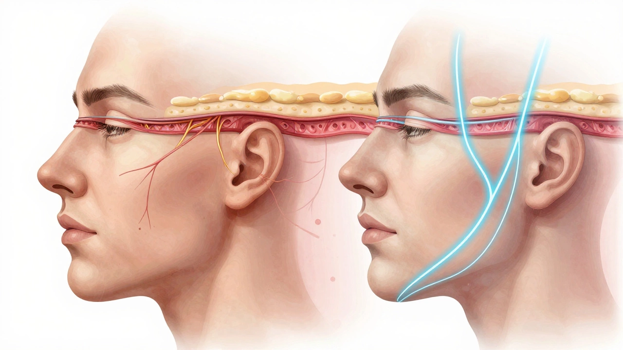 Сравнение анатомии лица: ослабленные волокна коллагена и стимуляция новых с помощью ультразвука.