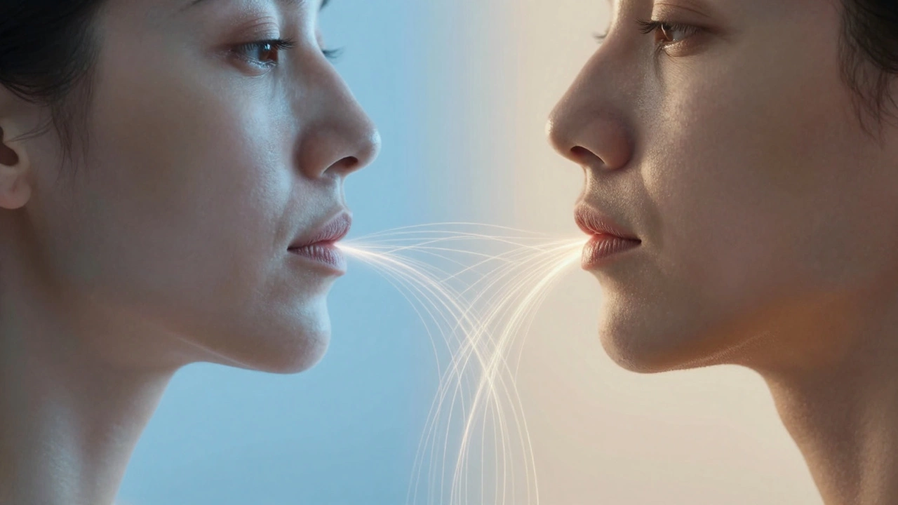 Сравнение до и после: провисшая и подтянутая линия подбородка, символы лимфотока и энергии.