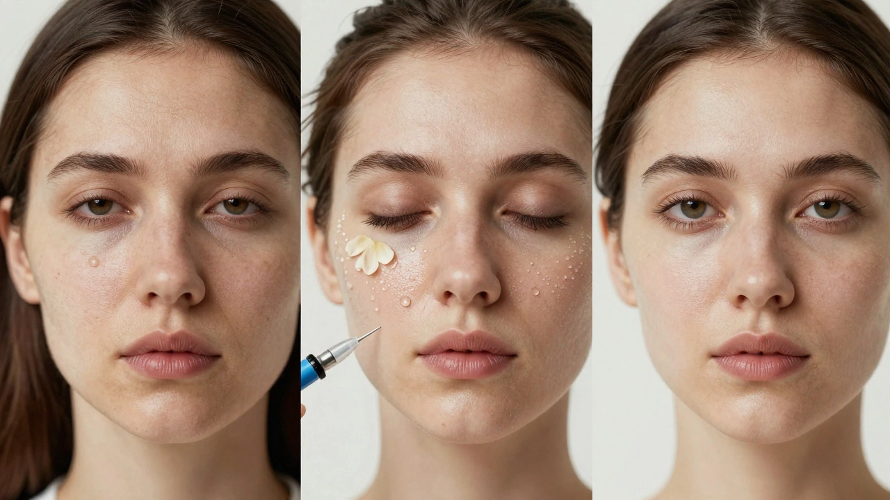 Три этапа лица: усталое, во время уколов и сияющее — символ эстетического восстановления.